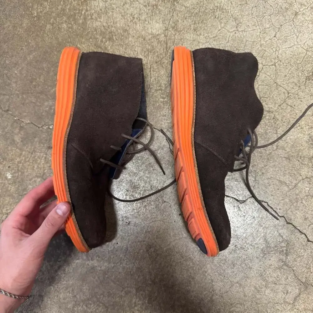 Cole Haan Lunargrand Chukka Boots in Brown Suede with Orange Sole